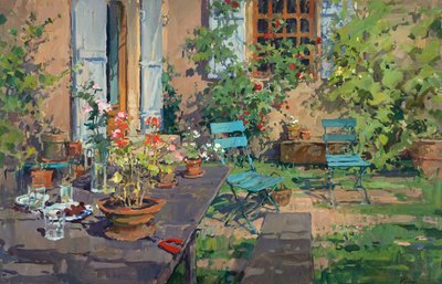 Terrace with Green Chairs, Burgundy by Susan Ryder